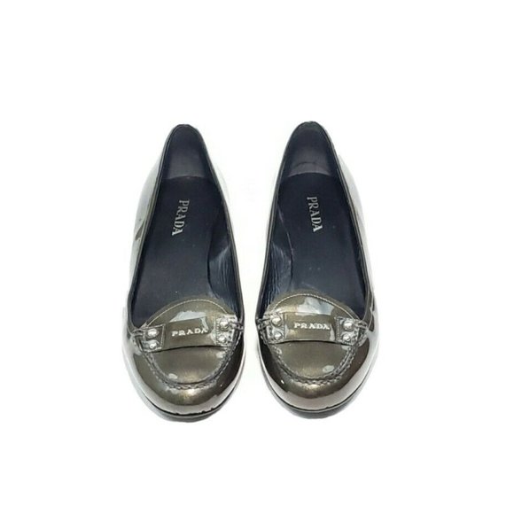 Prada Loafer Kitten Heel Patent Leather Metallic G - Picture 1 of 9